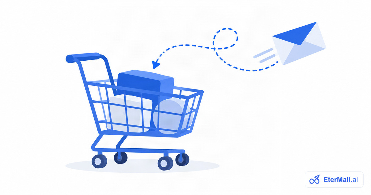 Illustration of an abandoned shopping cart with an email flying back to it, for abandoned cart email examples
