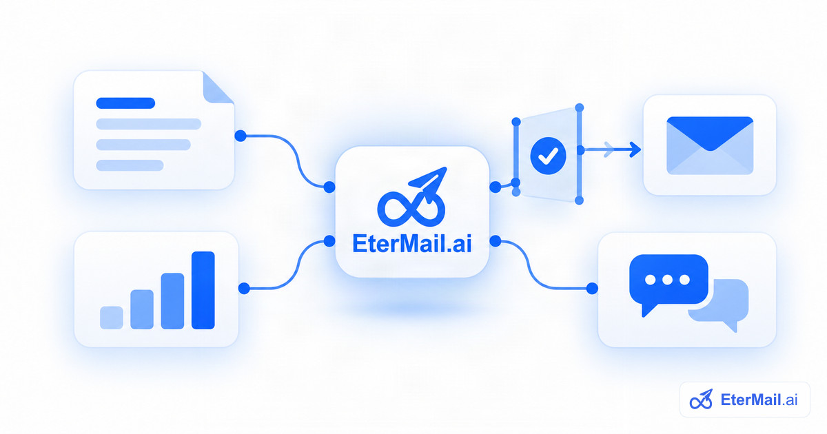 Diagram-style illustration of an AI marketing agent turning briefs and data into email and chat drafts with an approval check