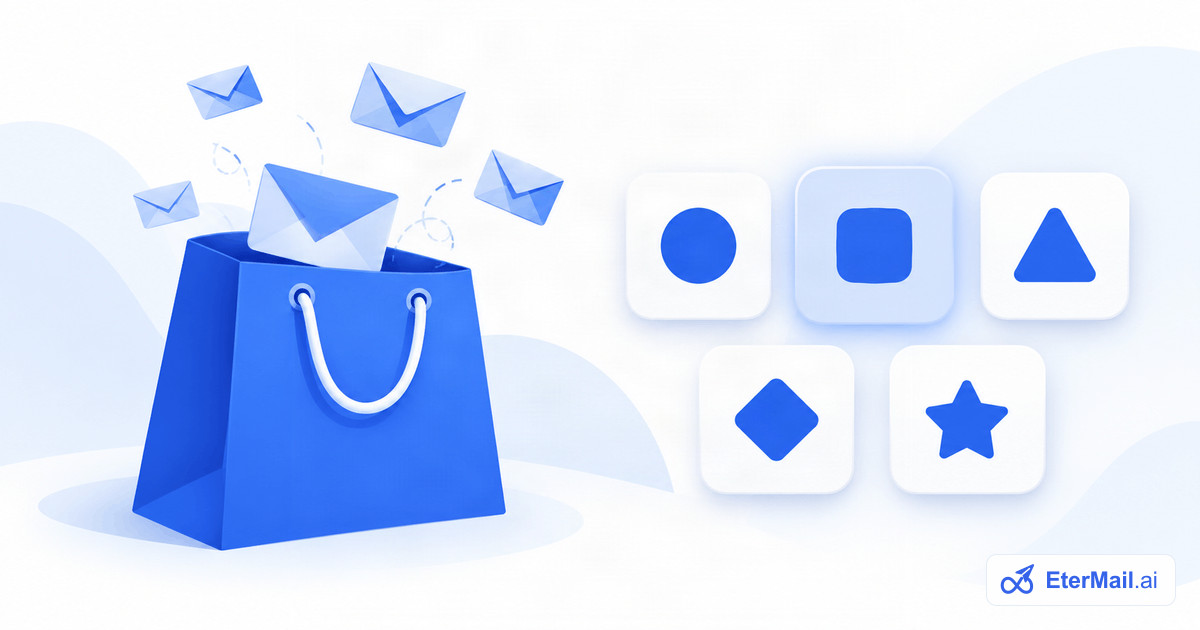 Illustration of a shopping bag sending emails beside a grid of app tiles, for the best email marketing apps for Shopify