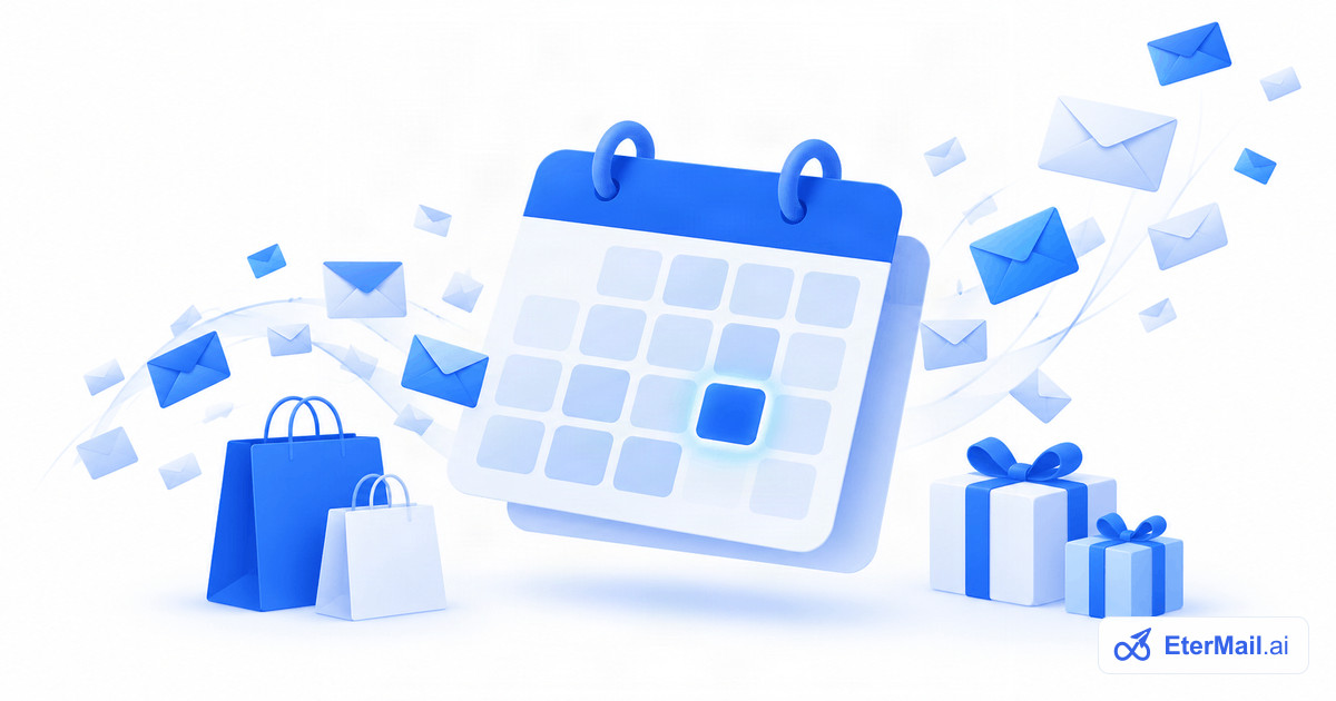 Illustration of a calendar with one highlighted day surrounded by emails, shopping bags and gifts, for Black Friday emails
