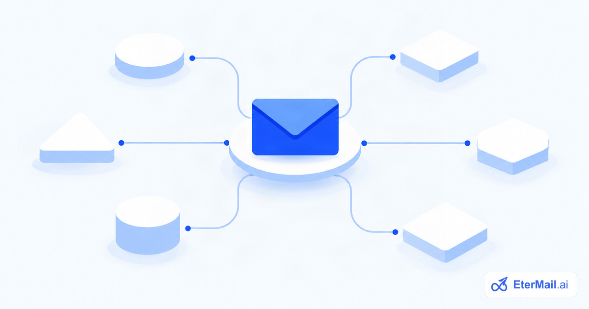 Illustration of a central email hub connected to several platform blocks, for Brevo alternatives