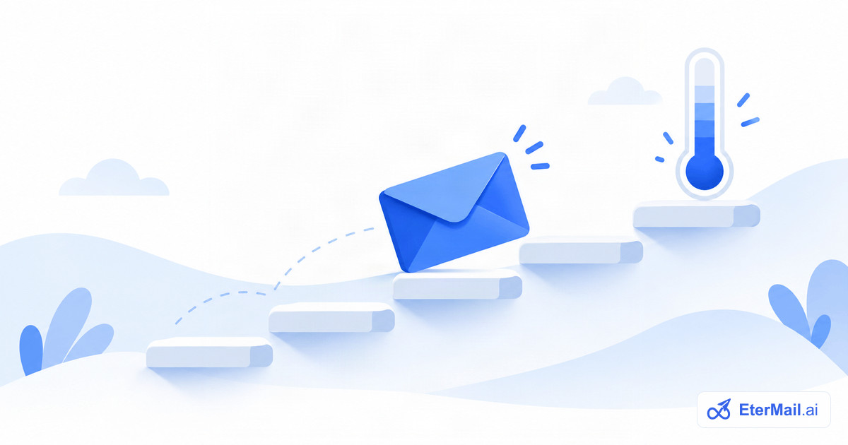 Illustration of an email climbing steps toward a thermometer, for cold email deliverability and mailbox warm-up