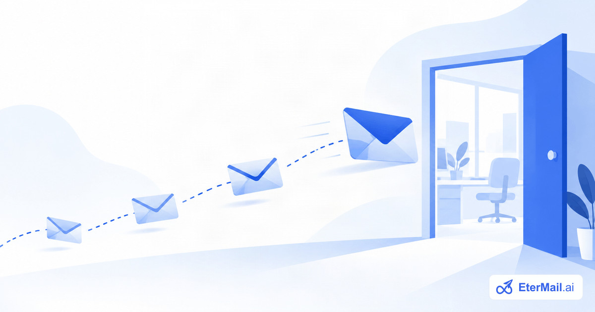 Illustration of emails flying along a dotted path into an open office door, for cold email templates