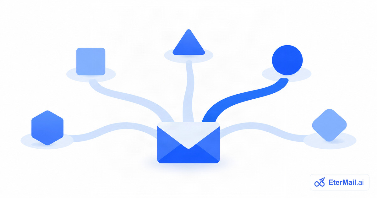 Illustration of one email branching out to several options, with one path highlighted, for Constant Contact alternatives