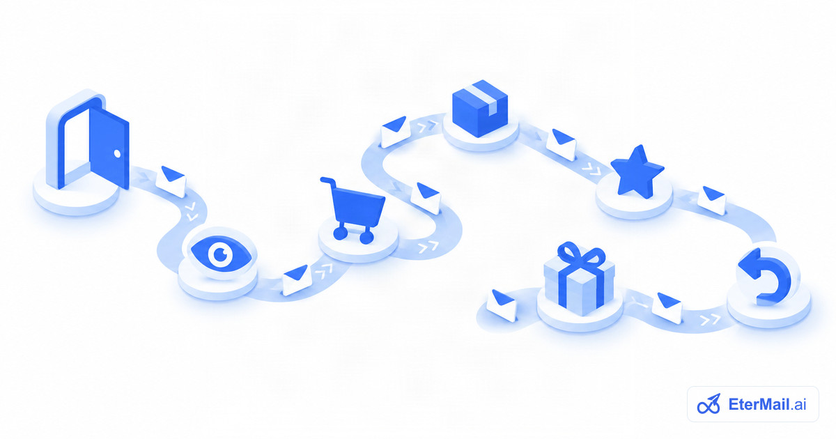 Illustration of a customer journey path with emails at each stage: visit, browse, cart, order, review, gift and win-back