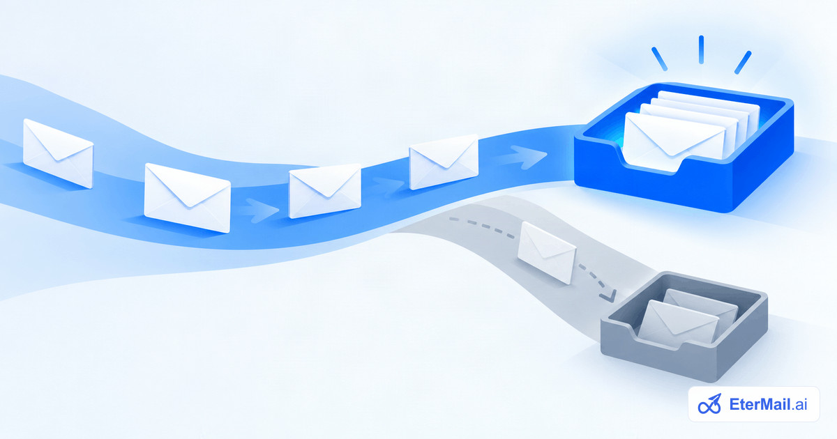 Illustration of emails streaming into a glowing inbox while a few drift to a grey spam tray, for the email deliverability guide