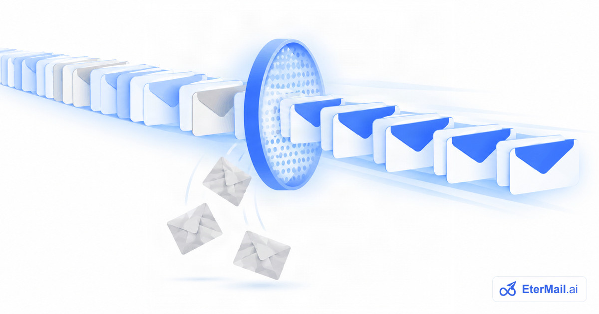 Illustration of a row of emails passing through a filter, with grey invalid emails dropping out, for email list cleaning