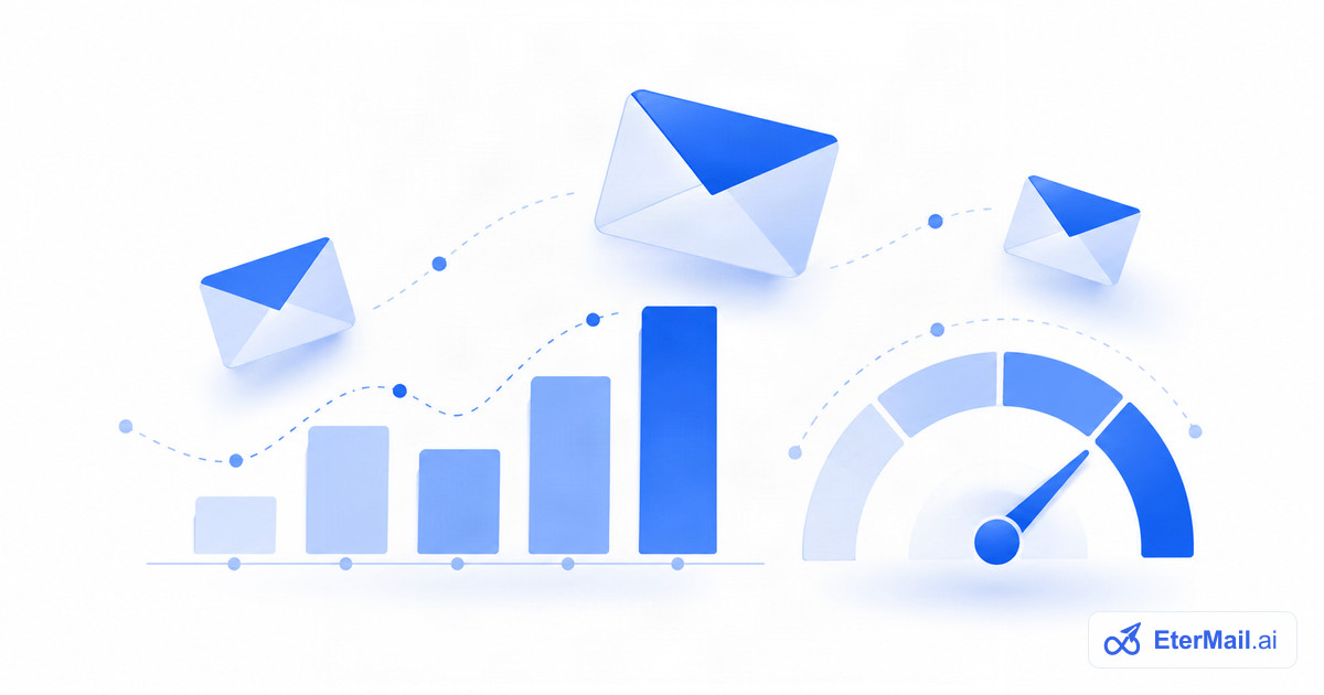 Illustration of a rising bar chart, a gauge and emails, for email marketing benchmarks