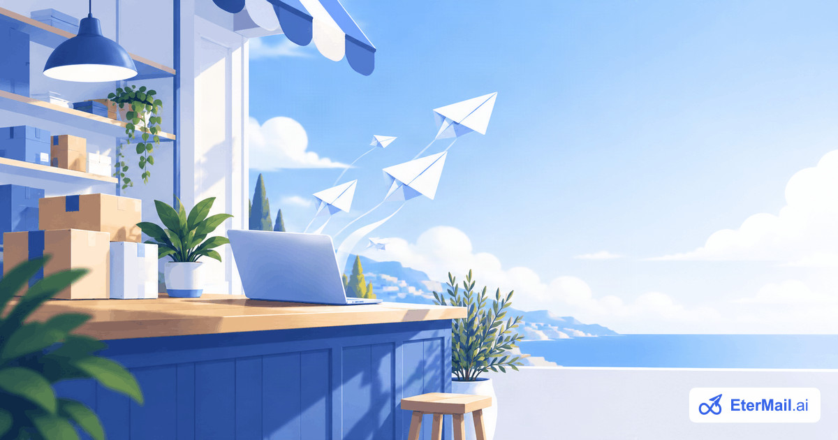 Illustration of a small shop counter with a laptop sending paper-plane emails out to the sky, for email marketing for small business