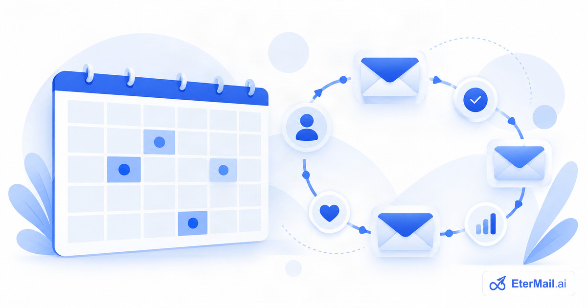 Illustration of a content calendar beside a cycle of emails, audience, engagement and results, for email marketing strategy