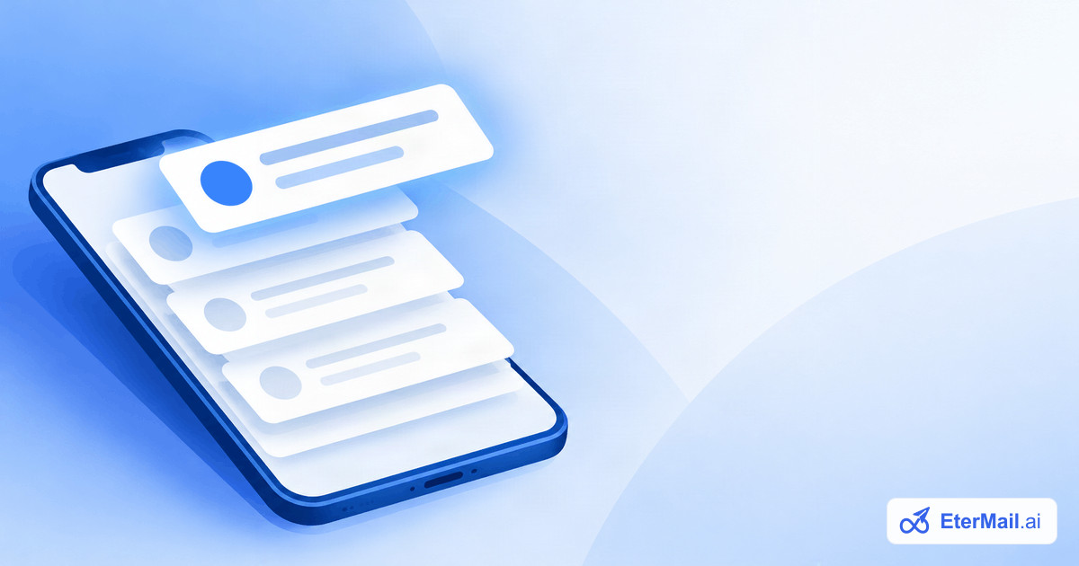 Illustration of a phone inbox with message previews stacked above it, for email subject lines