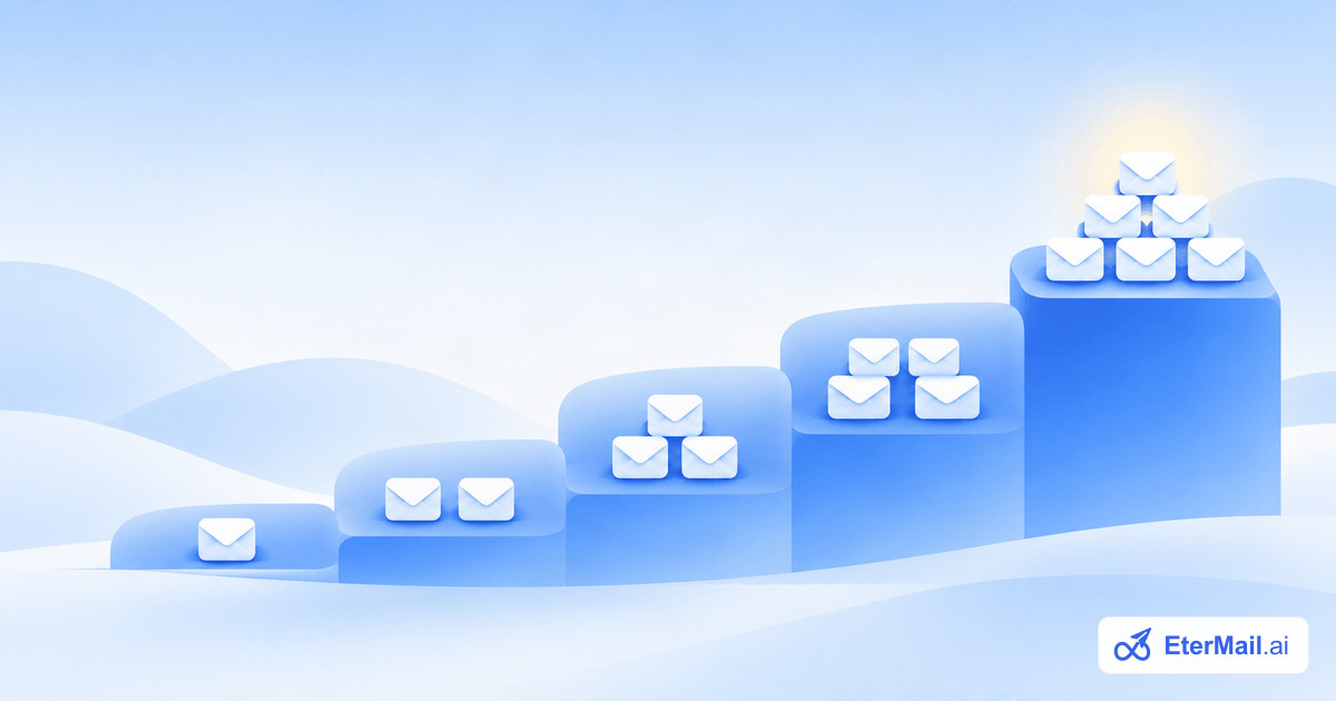 Illustration of steps holding more emails at each level, for gradually warming up a new email domain