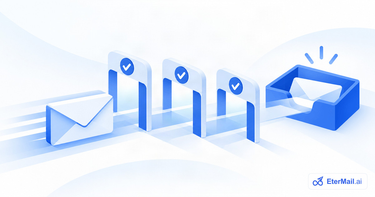 Illustration of an email passing through three check gates into an inbox, for Gmail and Yahoo sender requirements