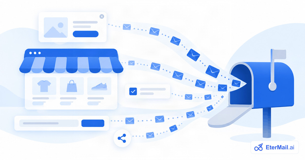 Illustration of a storefront, signup form and share link sending new subscribers to a mailbox, for growing an email list