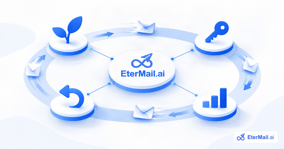 Illustration of a lifecycle loop of onboarding, activation, growth and win-back emails around EterMail, for SaaS lifecycle email