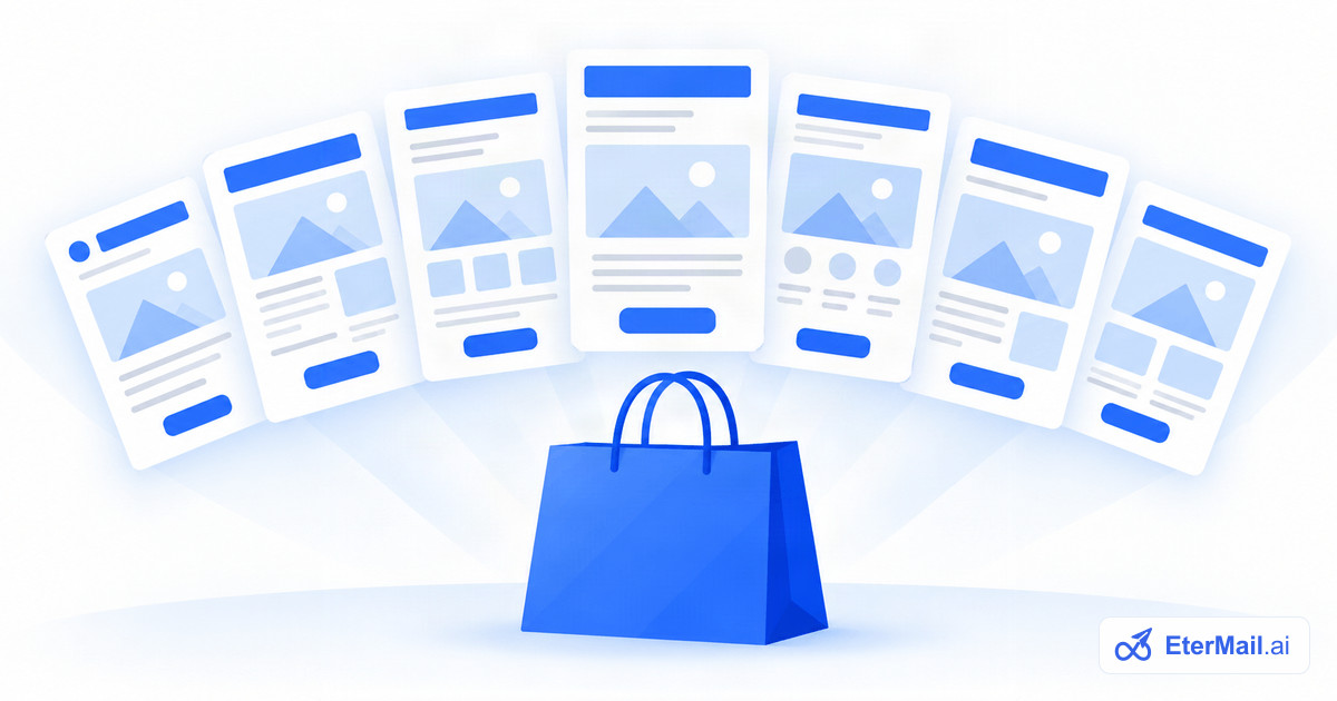 Illustration of a fan of email template layouts above a shopping bag, for Shopify email templates