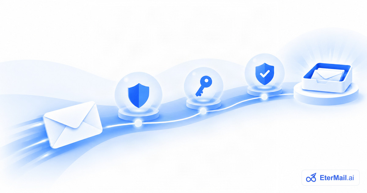 Illustration of an email passing a shield, a key and a check badge on its way to the inbox, for SPF, DKIM and DMARC