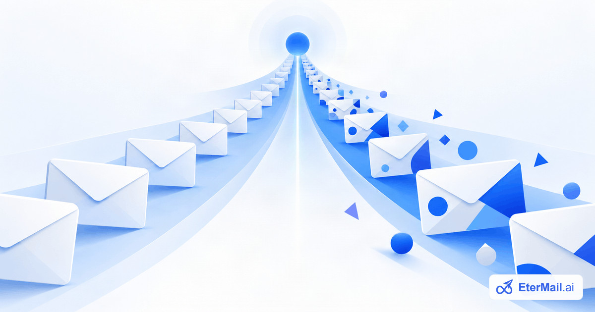 Illustration of a road splitting into a plain lane of emails and a colourful lane of emails, for transactional vs marketing email
