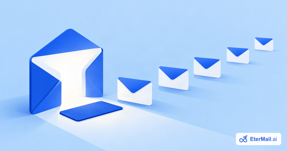 Illustration of an open envelope with a row of follow-up emails behind it, for welcome email examples