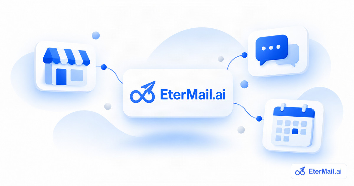 Illustration of EterMail connecting a store, a calendar and conversations