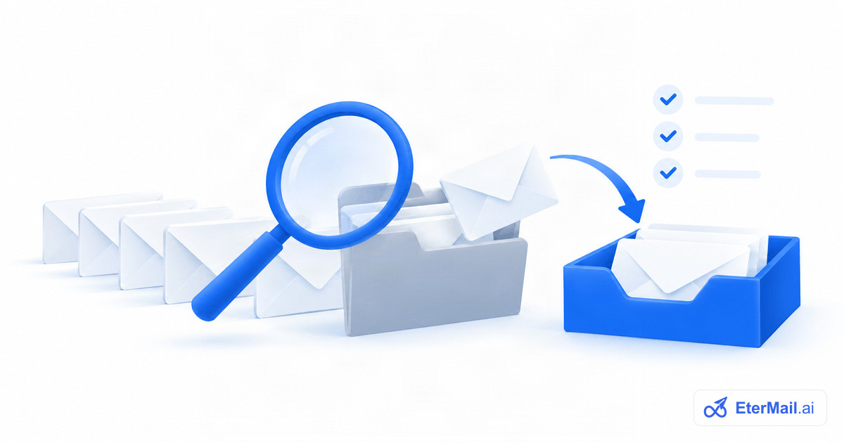 Illustration of a magnifying glass checking emails in a grey folder and moving them to the inbox, for why emails go to spam