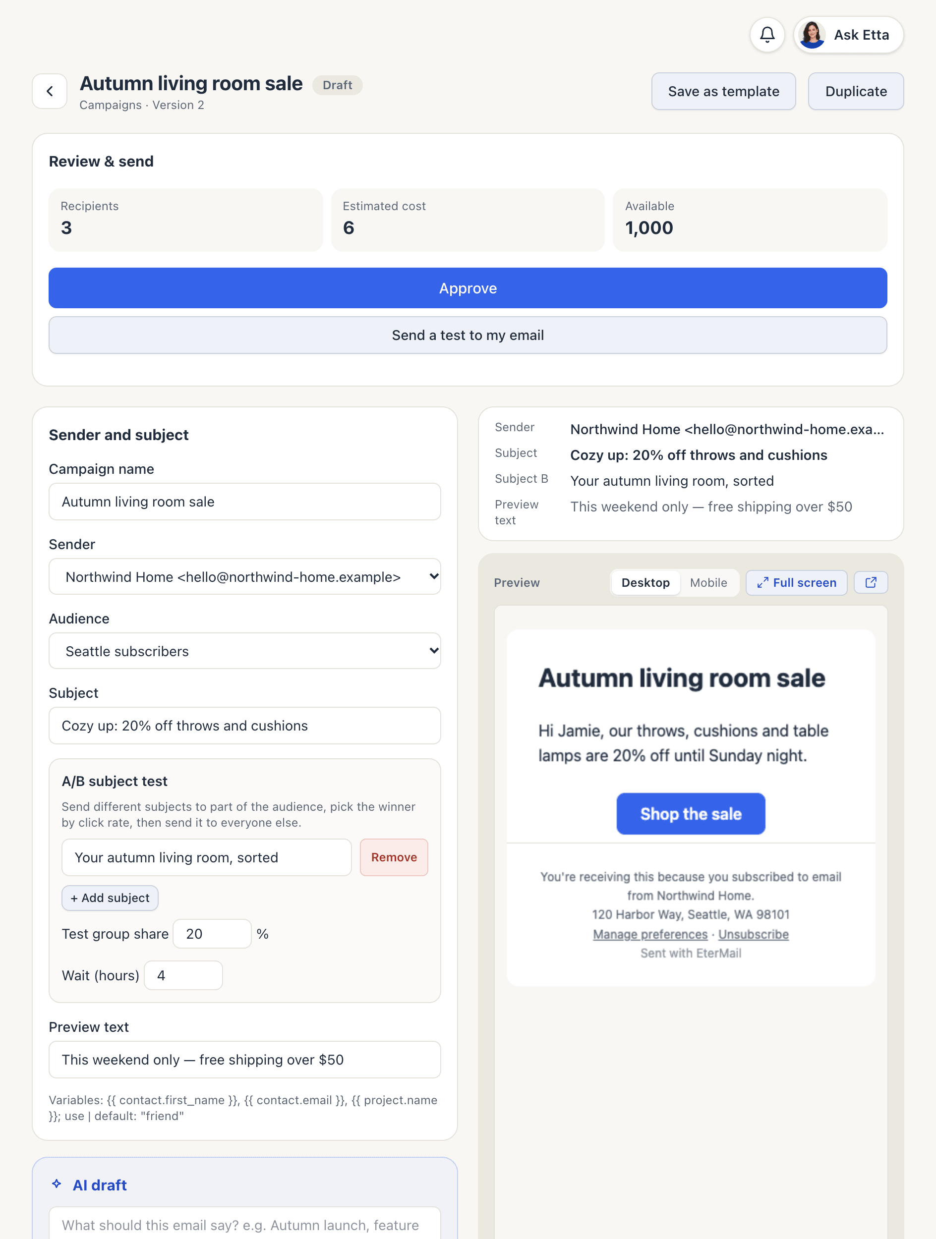 The campaign editor with Review & send on top, the Sender and subject card with an A/B test, and the email preview on the right