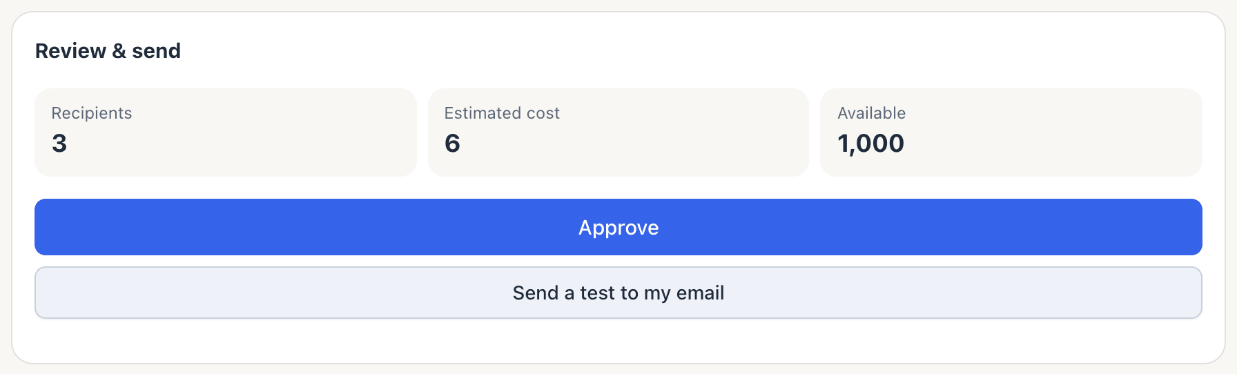 Review & send with 3 recipients, an estimated cost of 6 credits, 1,000 available, the Approve button and Send a test to my email