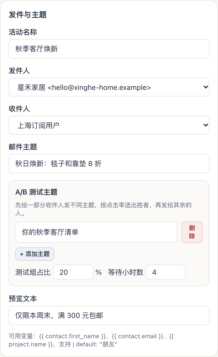 A/B 测试主题：已添加第二个主题，测试组占比 20%，等待 4 小时