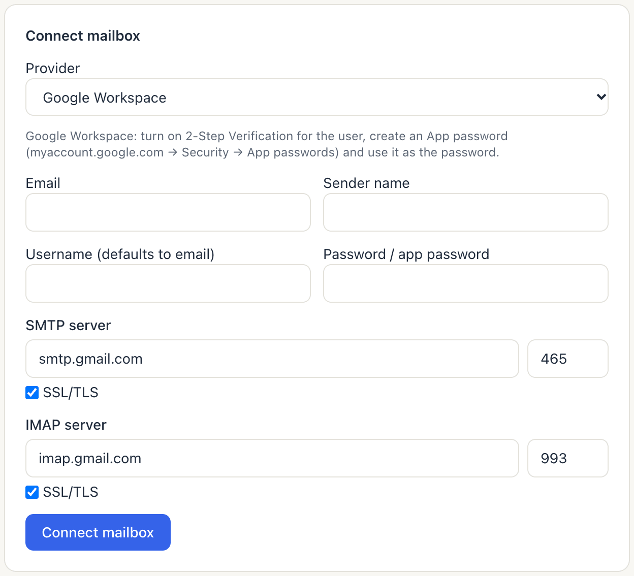 The Connect mailbox form with Google Workspace selected and smtp.gmail.com and imap.gmail.com filled in