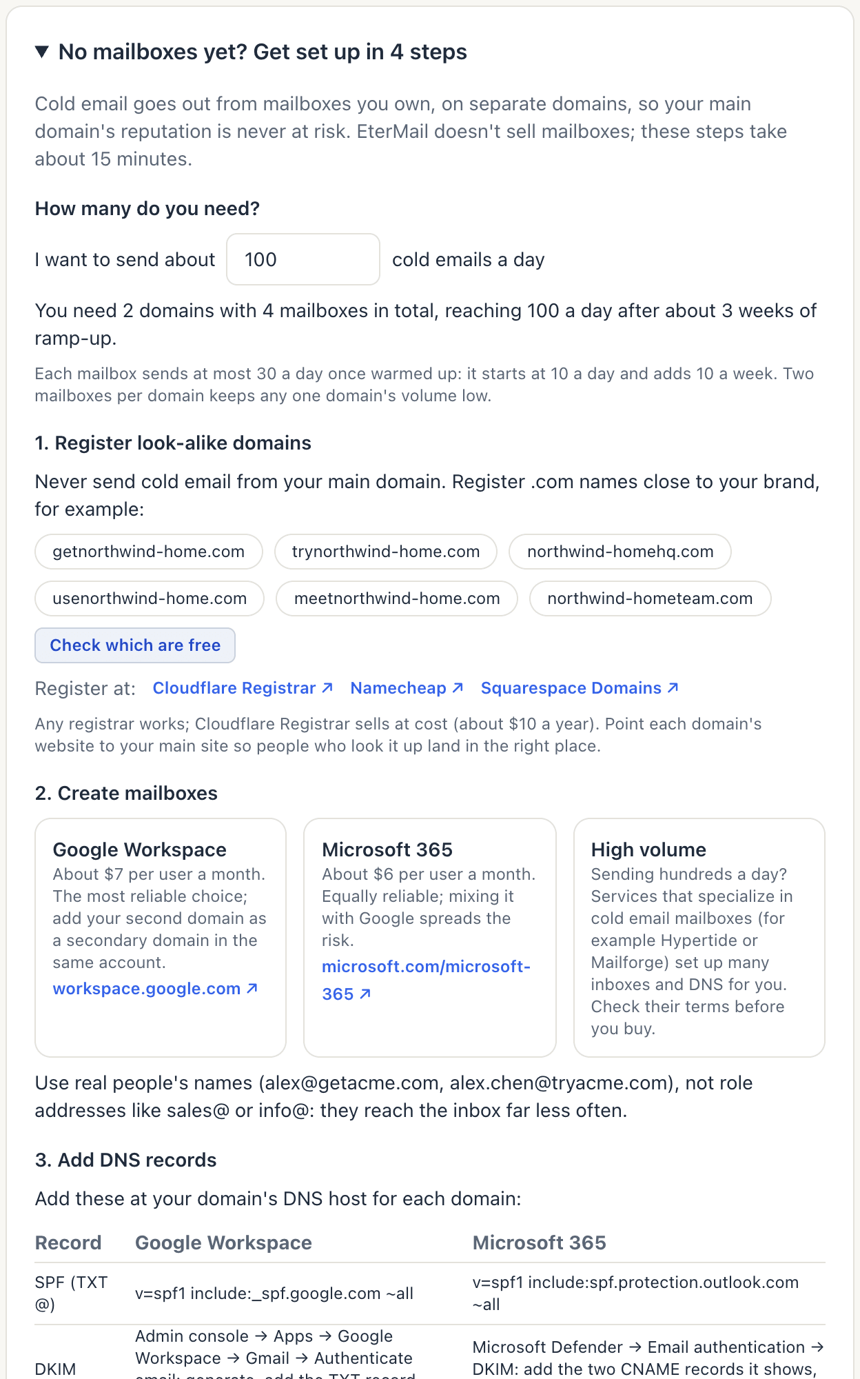 The setup guide: 100 cold emails a day needs 2 domains with 4 mailboxes, with suggested look-alike domains and mailbox providers