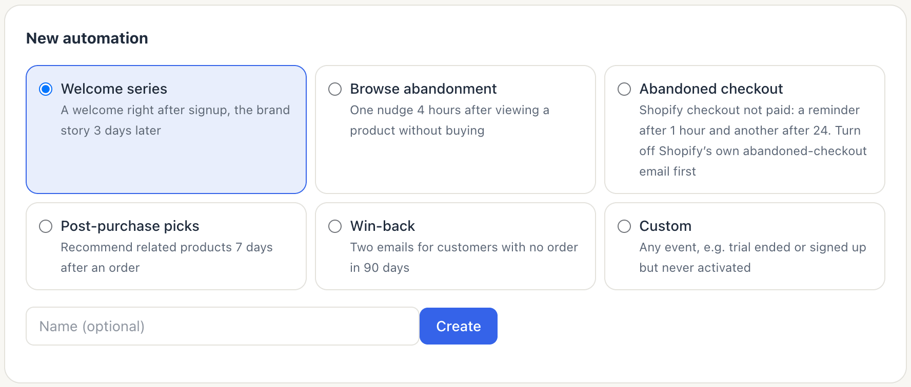 The New automation panel with six templates: Welcome series, Browse abandonment, Abandoned checkout, Post-purchase picks, Win-back and Custom