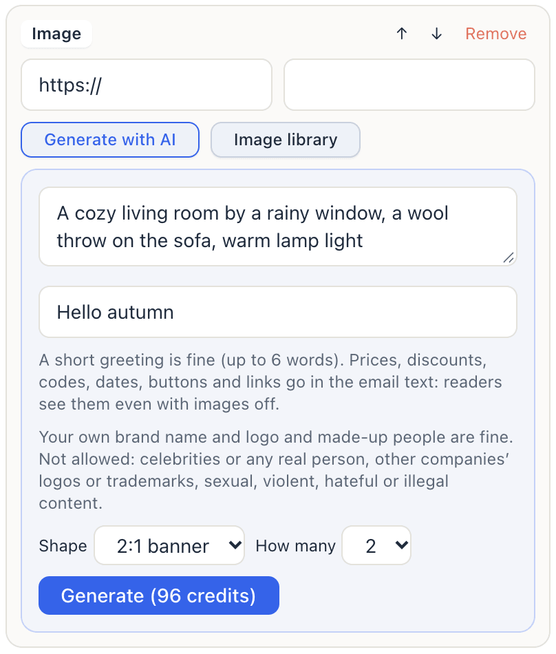 The Generate with AI panel under an image block: the description, a short greeting, the rules, shape and how many, and the Generate button with its credit cost
