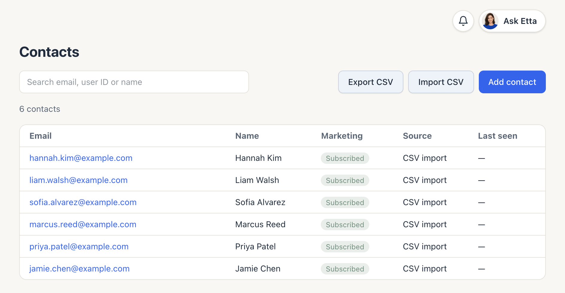 The Contacts page with Export CSV, Import CSV and Add contact buttons above a list of imported contacts