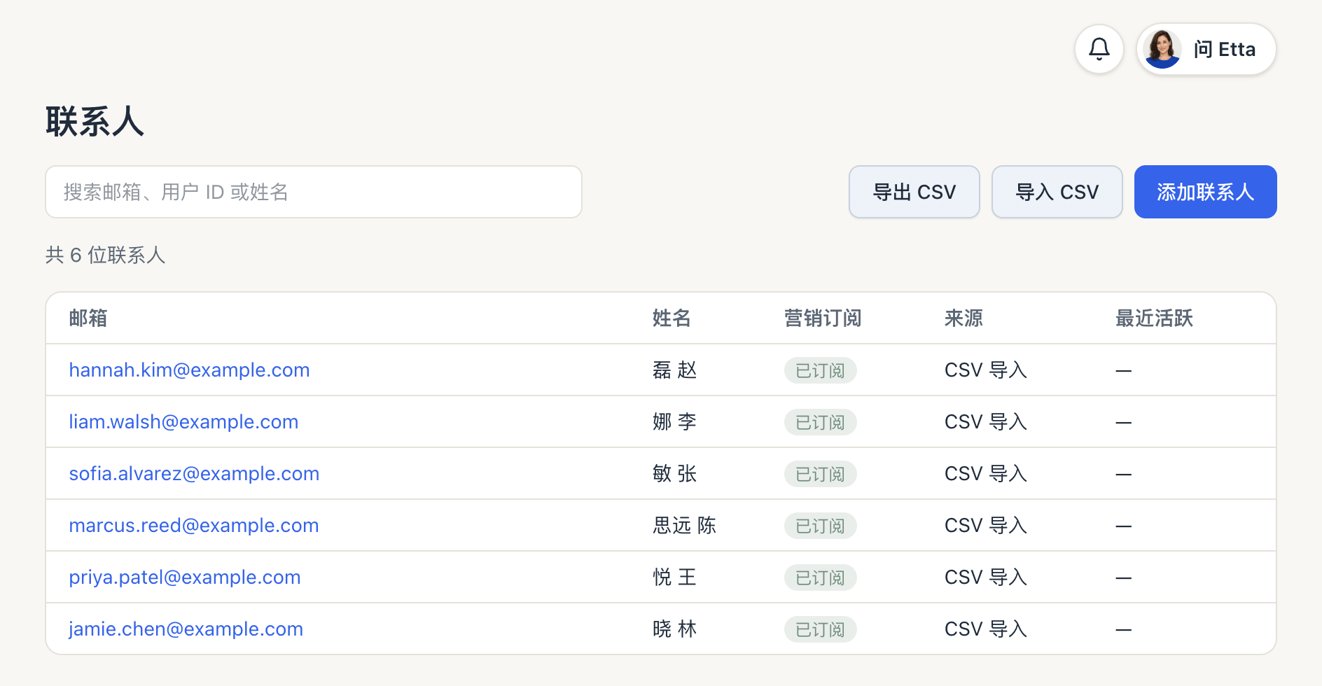 联系人页面，联系人列表上方有「导出 CSV」「导入 CSV」「添加联系人」按钮