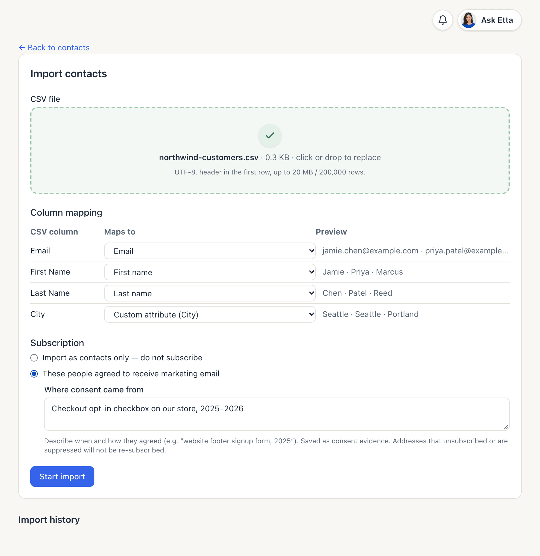Column mapping for an uploaded CSV, with Email, First name, Last name and a City custom attribute, and the consent option selected