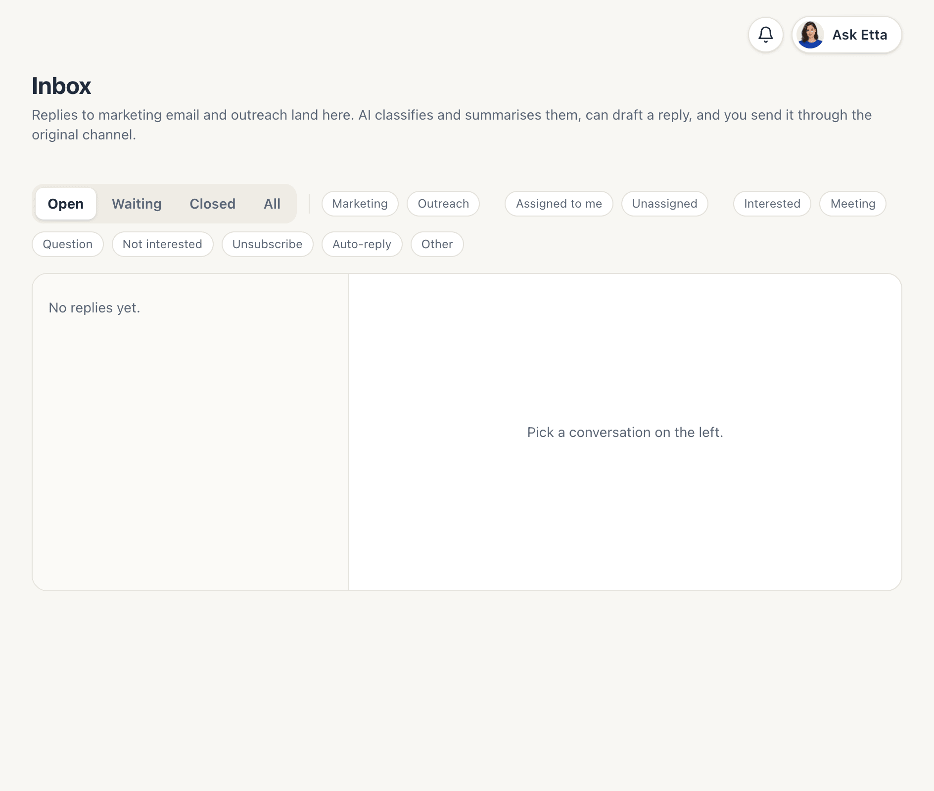 The Inbox page, empty, with status tabs, channel and category filters, and "Pick a conversation on the left."