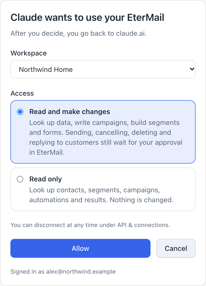 EterMail’s consent page (not Claude’s own screen): it opens after you click Connect in Claude