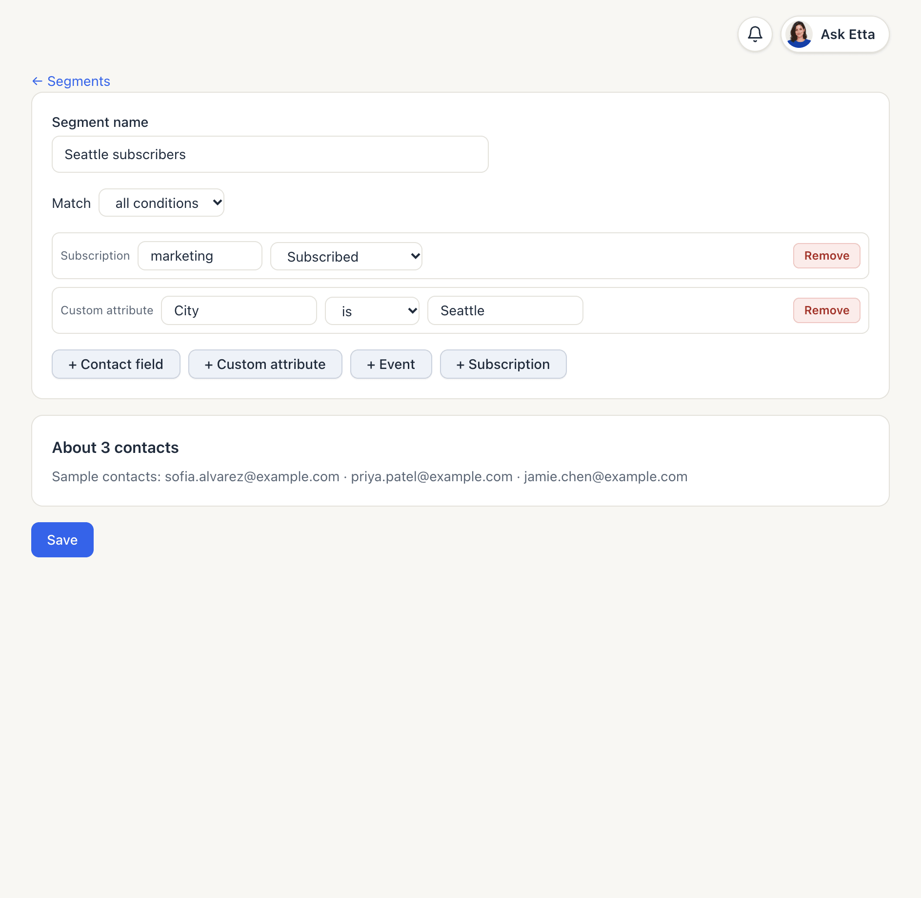 The segment editor with a subscription condition and a custom attribute condition, the live count of about 3 contacts and sample contacts