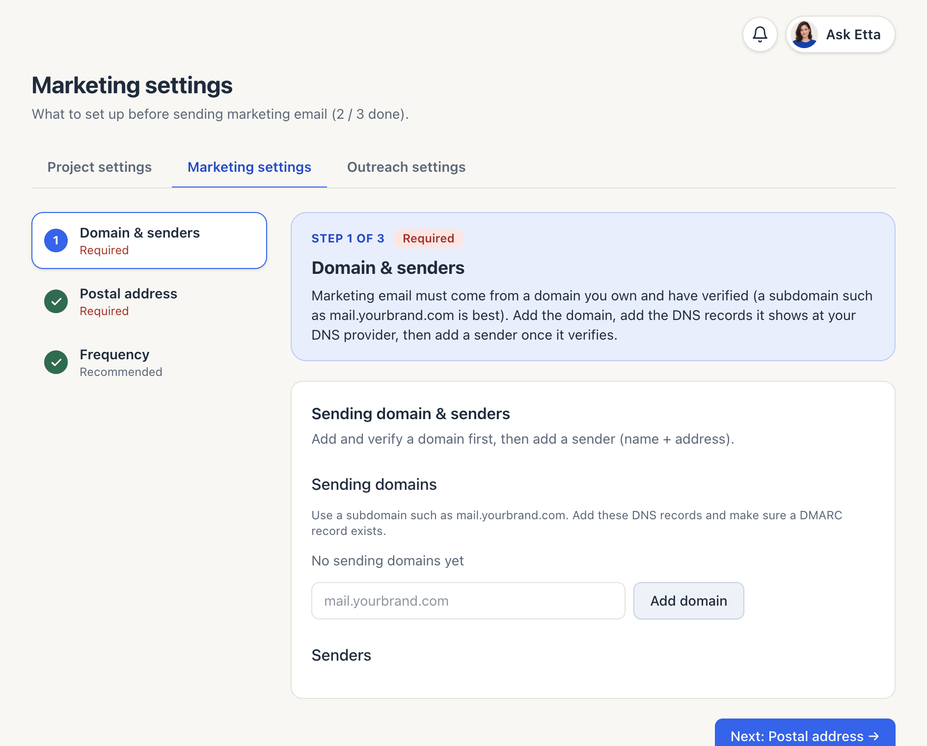 Marketing settings with the Domain & senders step open and no sending domains added yet