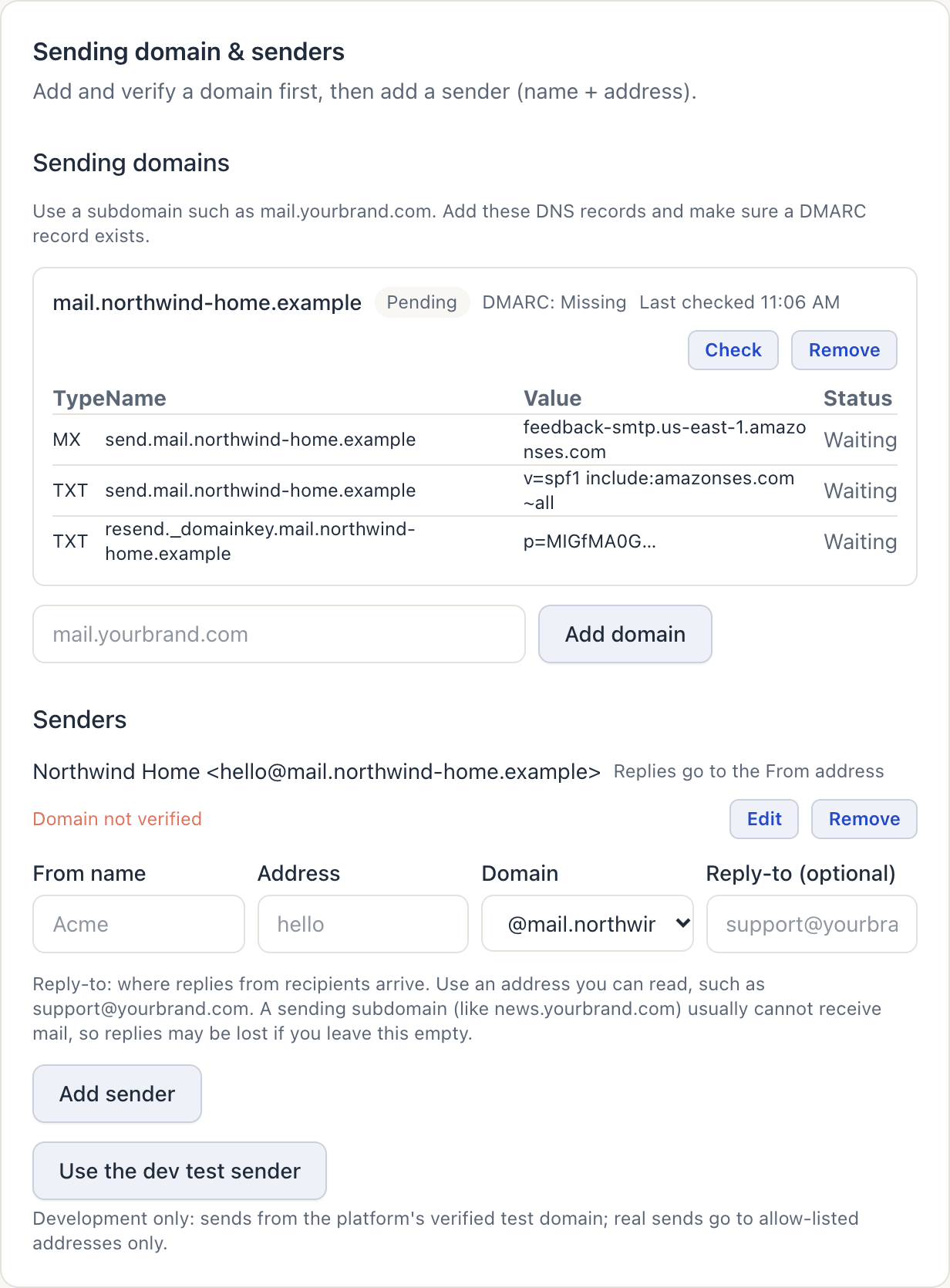 A pending domain with its MX, SPF and DKIM records waiting, DMARC missing, and the sender form below