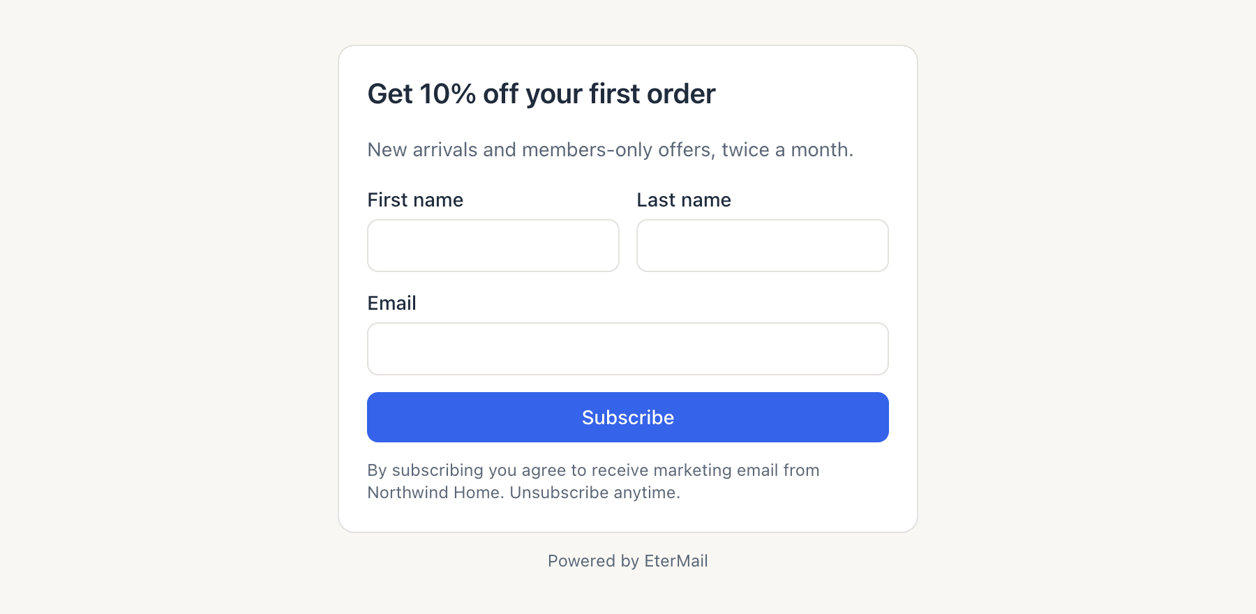 The hosted signup form with title, description, first and last name, email, a Subscribe button, the consent note and Powered by EterMail